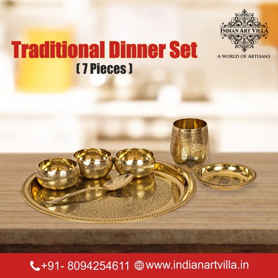 Brass Utensils: 7 Pieces Traditional Brass Dinner Set | IndianArtVilla 