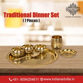 Brass Utensils: 7 Pieces Traditional Brass Dinner Set | IndianArtVilla 