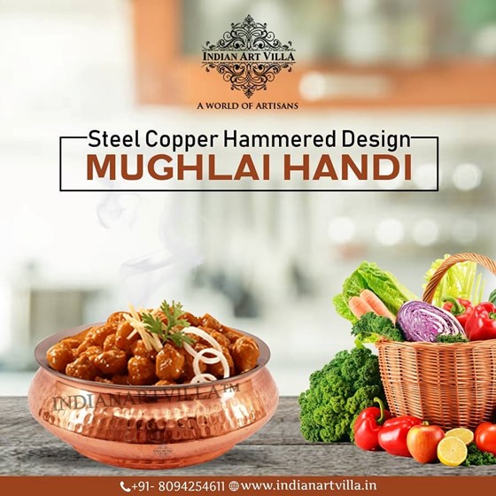 Copper Utensils: Steel Copper Hammered Design Mughlai Handi - IndianArtVilla